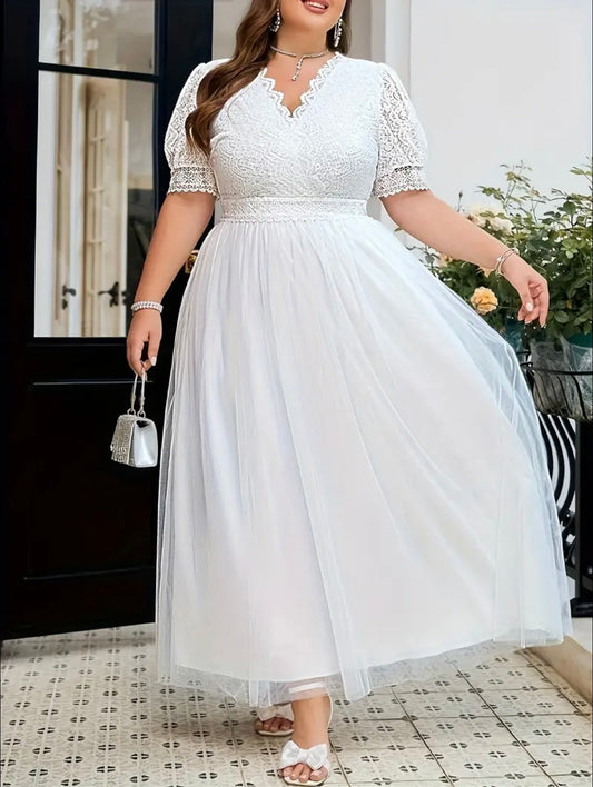 Robe en maille unie grande taille, élégante robe maxi à col en V à manches courtes, vêtements grande taille pour femmes